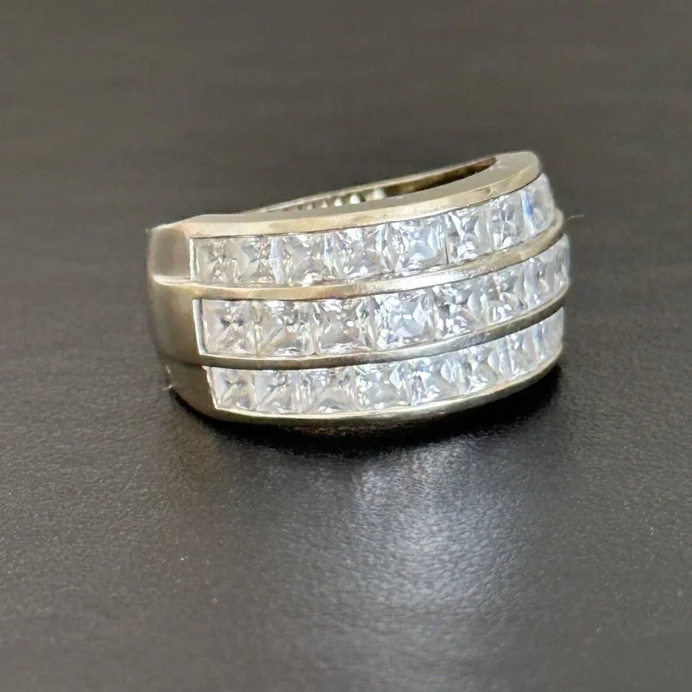 14K White Gold Three Row Clear CZ Wide Chunky Statement Band Ring Size 6.75